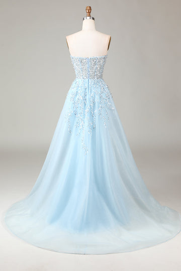 Corset Blue Strapless A Line Ball Dress with Slit